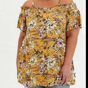 Torrid Top Cold Shoulder Floral Print Woven Gauze Yellow Plus Size 2X